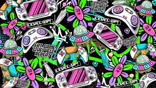 Graffiti gaming background vector illustration. Colorful Retro game elements in graffiti style.