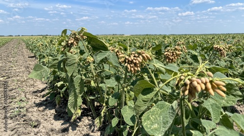 Soybean field with withered pods under a partly cloudy sky.