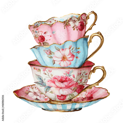 Vintage watercolor porcelain tea cups stacked with floral pattern and gold trim teacup