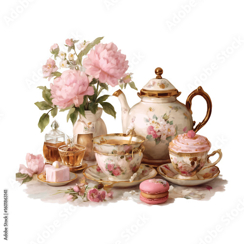 Vintage watercolor tea party with pink peonies and pastries clipart