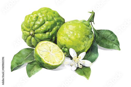 Watercolor bergamot fruit with leaf and flower on white background citrus