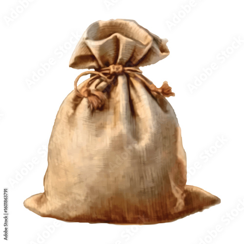 Tan colored watercolor burlap sack tied with rope on white background brown