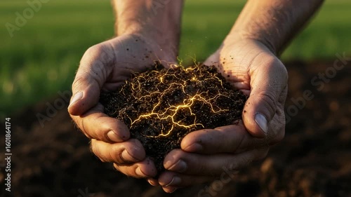 Hands Holding Rich Soil with Green Field Background