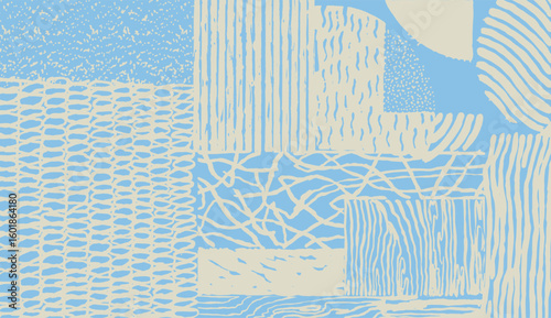 Hand drawn brush lines abstract organic shapes, textured surface, woven thread and dots in pastel blue. Tribal hand paint distress pattern for textile, and carpet