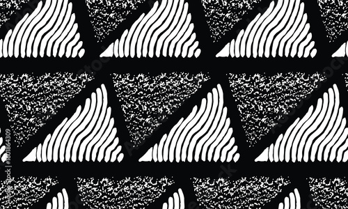 Hand drawn brush lines and stippling, seamless abstract triangles pattern, Ethnic and tribal handcrafted texture background. Simple geometric graphic for textile, decoration, carpet