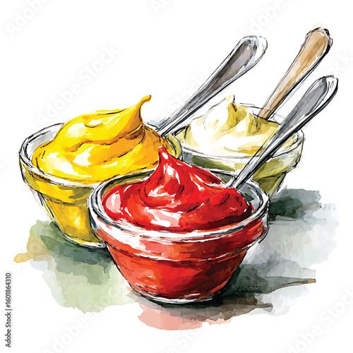 Watercolor illustration of three glass bowls filled with ketchup mustard and mayonnaise