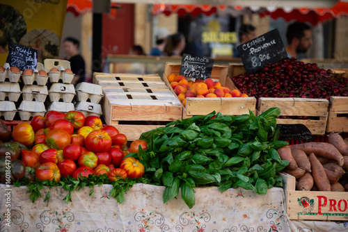 fresh fruits and vegetables at a farmer's market stall