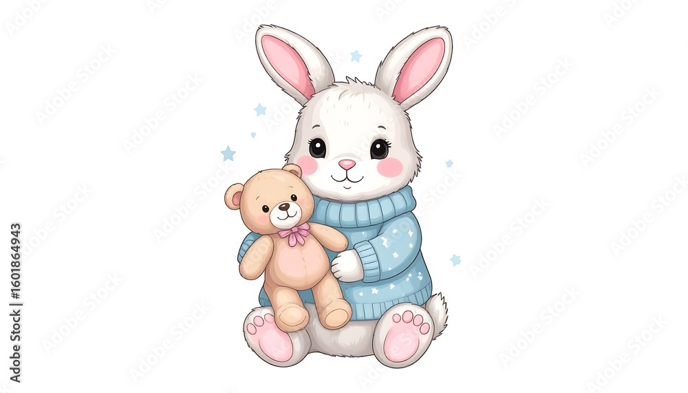 Obraz premium Cute cartoon bunny holding teddy bear
