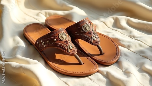 Pair of traditional ethnic Indian kolhapuri chappals placed diagonally on a light cream textured fabric background with soft natural lighting.


