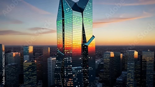 Modern skyscraper reflecting sunset over city skyline