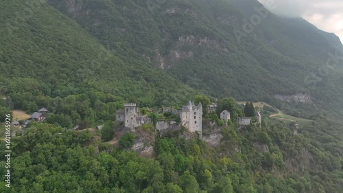 Aerial panoramic view of Miolins castle in France 