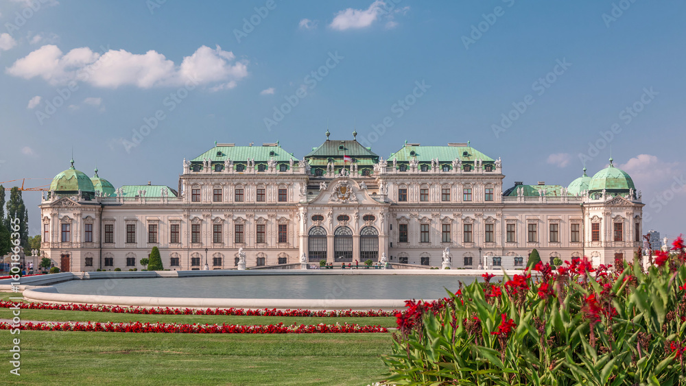 Fototapeta premium Belvedere palace with beautiful floral garden timelapse, Vienna Austria