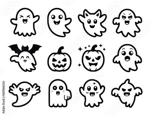 Adorable Halloween ghosts and pumpkins with playful expressions for festive decorations and designs