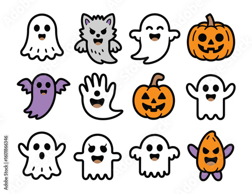 Adorable Halloween characters including friendly ghosts, spooky pumpkins, and a playful werewolf friend.