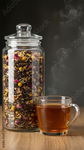 Herbal tea with floral blend in glass jar and cup