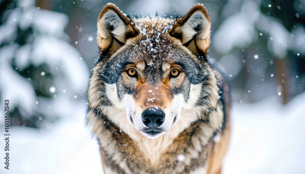 Obraz premium Close-up of a majestic wolf's face, covered in snowflakes, with intense eyes and photorealistic fur gleaming in the winter light.