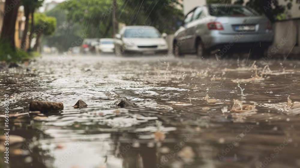 Fototapeta premium Atmospheric Scenes of Streets after Heavy Rain: Glistening Pavements, Reflections of Neon Lights, Wet Storefronts, and Misty Alleyways with Fresh Raindrops, Puddles, and Post-Storm Serenity for Urban 