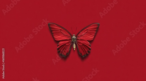 Centered red butterfly with dark shadows on solid red background, detail in texture