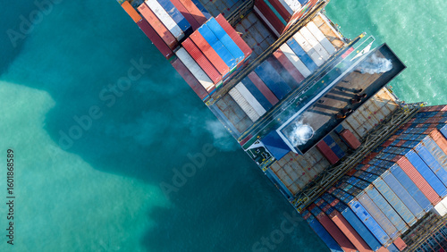 Smoke exhaust gas emissions carbondioxide from cargo lagre ship container ship,Marine diesel engine exhaust gas from combustion, Gas Emission Air Pollution from transportation. green house effect Eco © Yellow Boat