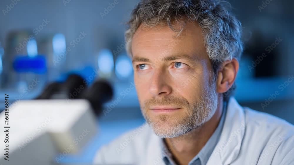 Scientist's Insight: A focused scientist peers intently, his gaze suggesting deep thought and innovation. The soft lighting of the lab reflects on his determined expression.