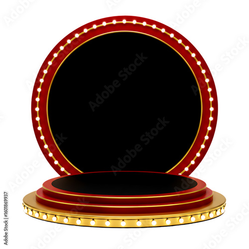 Red and gold circular stage with illuminated bulbs isolated on a transparent background podium frame
