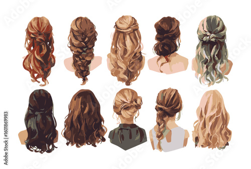 Hair style set, isolated watercolor illustration