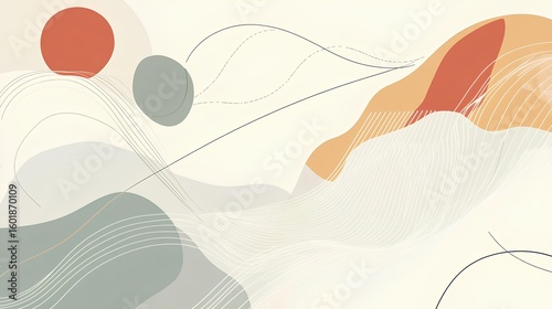 Abstract Composition with Geometric Elements: A visually stunning artwork showcasing a harmonious blend of abstract shapes, soft colors, and flowing lines, creating a sense of calm and sophistication.