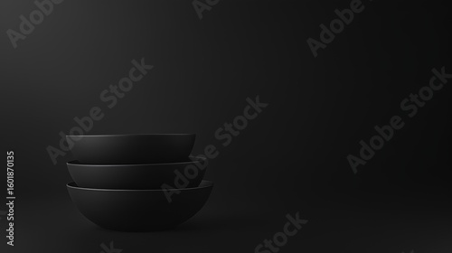 Stack of Ceramic Bowls: A minimalist still life composition featuring a stack of three matte black ceramic bowls set against a dark background, exuding a sense of calm and simplicity.