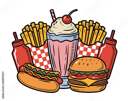 Retro diner feast classic burger, fries, hot dog, and milkshake create nostalgic comfort food vibe