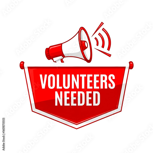 Red banner with white text volunteers needed and megaphone isolated on a transparent background image