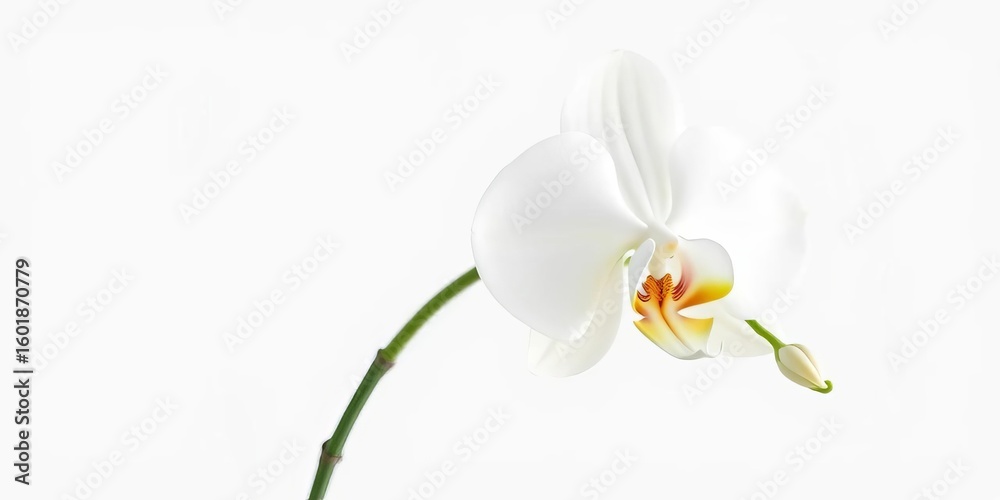Fototapeta premium A pristine white orchid, petals unfurled, stands alone against a pure white background, tropical, bloom