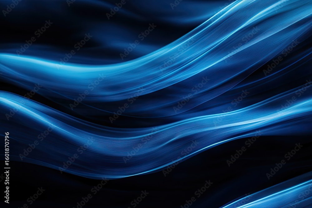 Obraz premium Abstract, flowing, luminous blue wave patterns against a deep black backdrop, elegant design.