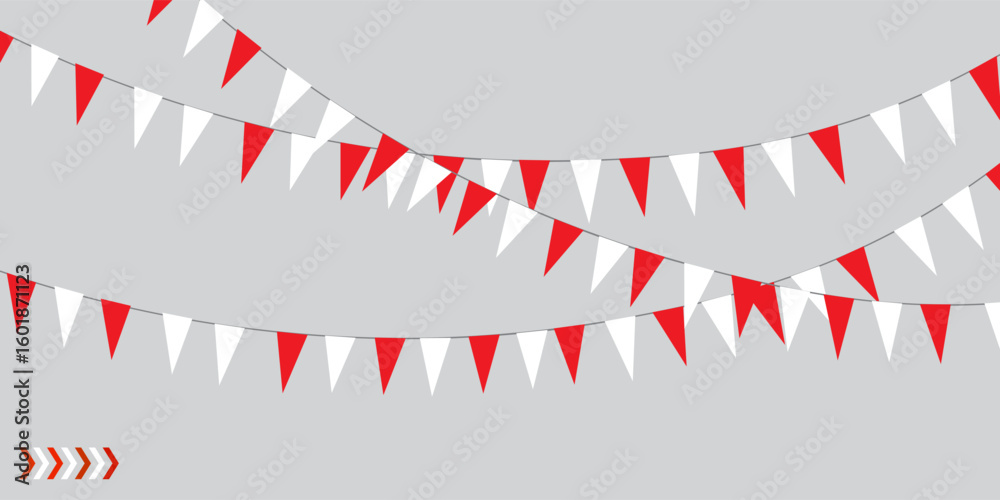 Obraz premium Bunting flags, carnival party flags, white and red festive pennants hanging on a rope. Festival vector decoration. EPS 10.