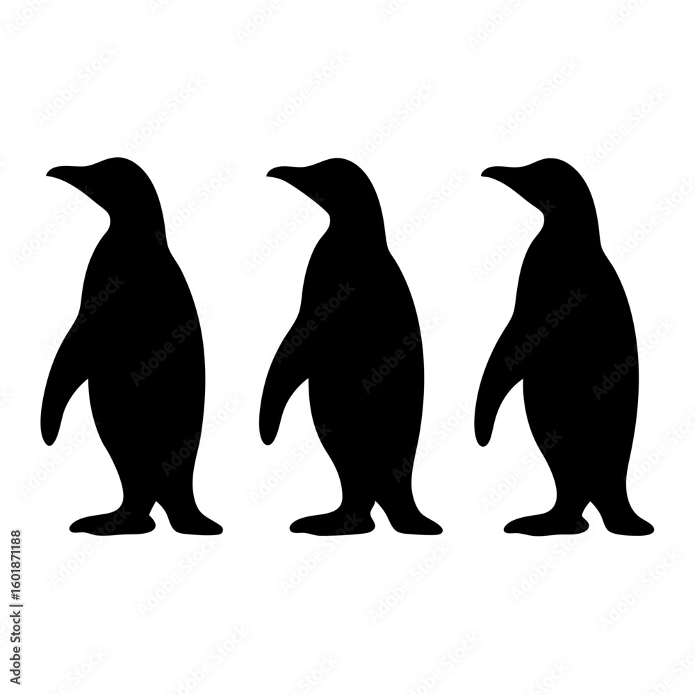 Naklejka premium Three black silhouette penguins standing in a row against a white background