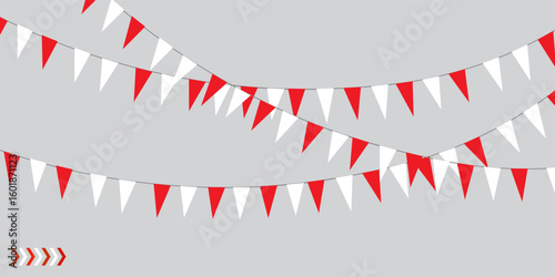 Bunting flags, carnival party flags, white and red festive pennants hanging on a rope. Festival vector decoration. EPS 10.