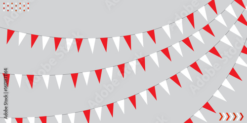 Bunting flags, carnival party flags, white and red festive pennants hanging on a rope. modern illustration.