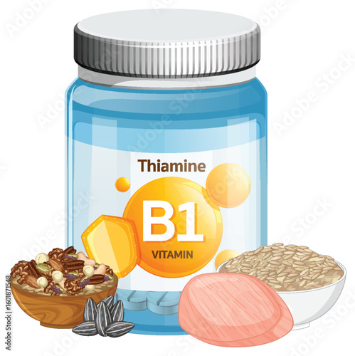 Vitamin B1 Thiamine Supplement Bottle with Food Sources