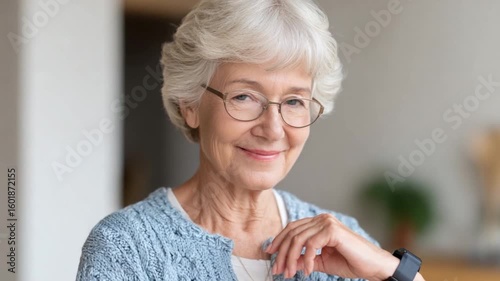 Elegant Senior Portrait: Captivating portrait of a graceful elderly woman with a warm smile, conveying wisdom and serenity in her eyes, captured in a moment of quiet reflection.