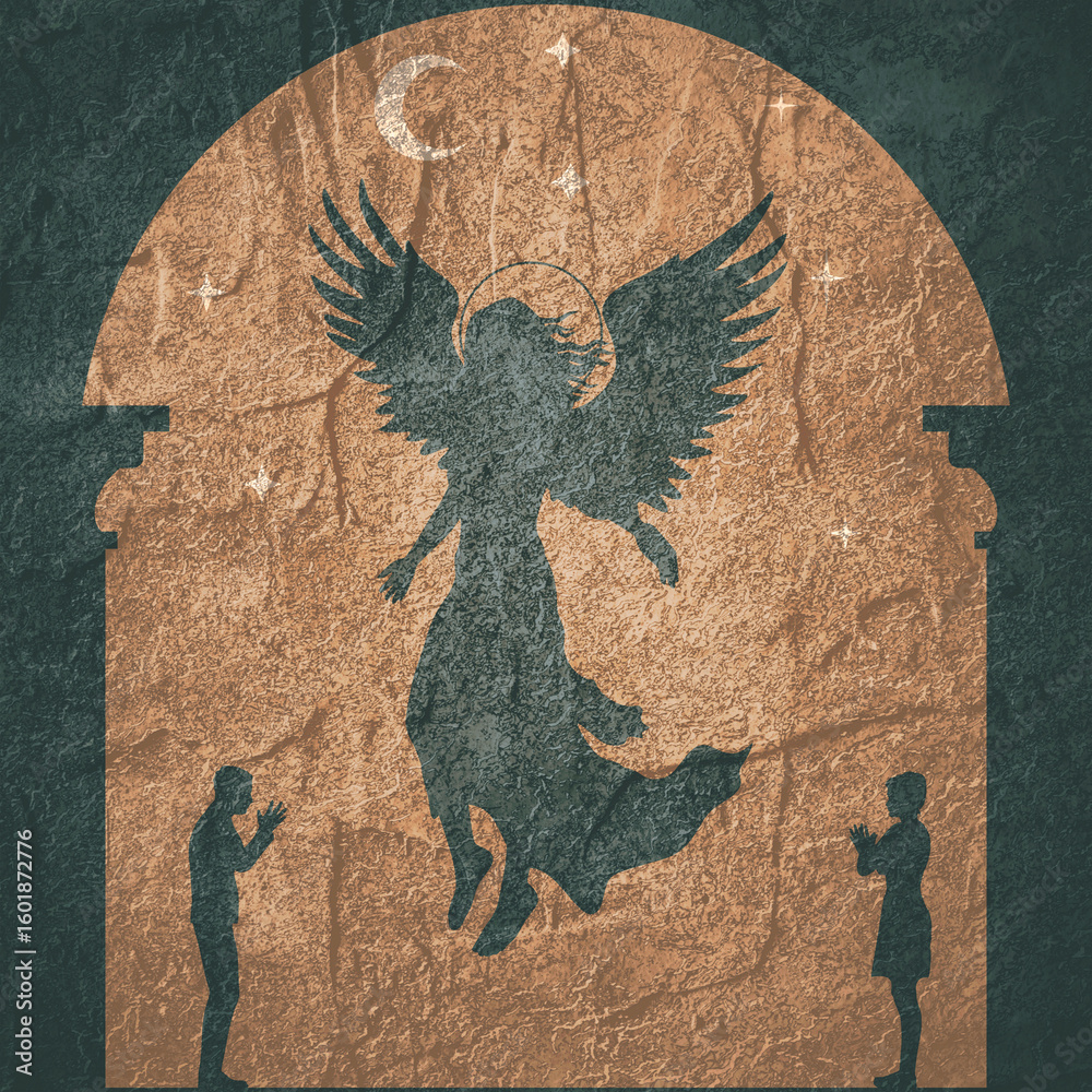 Naklejka premium Fantasy woman angel soars in the air with huge bird wings. Girl in levitation flies. Lady goddess in dress, fabric waving fluttering in motion. Goddess girl descends from the sky to praying people