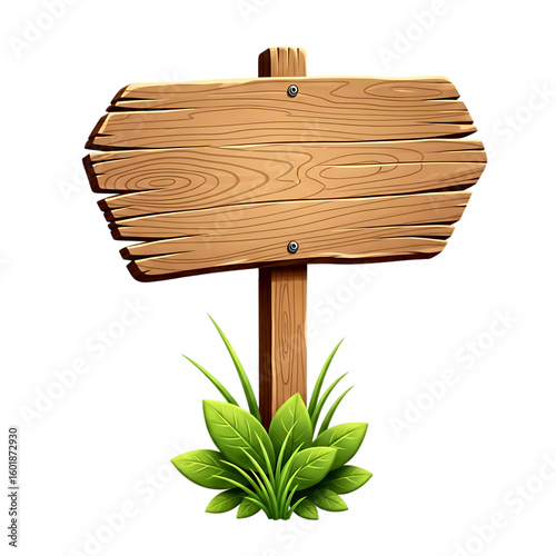 Wooden hexagonal signpost with green grass and dark background isolated on a transparent background board