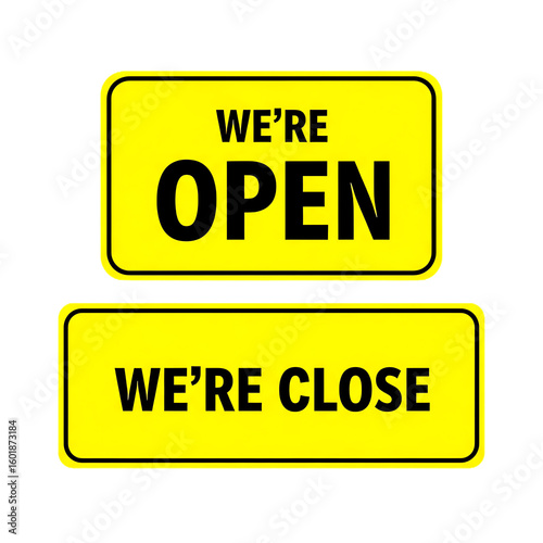 Yellow open and closed signs with black text on black background isolated on a transparent background