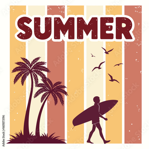 Vintage summer illustration of a surfer walking on a beach with palm trees and seagulls.
