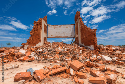 Dilapidated Brick Building Ruins with Blue Sky and White Clouds. Mock up promotion information for marketing announcements and details, blank white space.