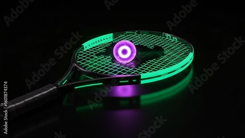 Neon Tennis Racket with Glowing Ball on Dark Background