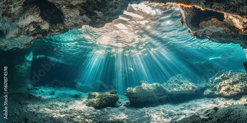 Fototapeta Naklejka Na Ścianę i Meble -  A stunning underwater scene with rays of sunlight filtering through crystal-clear water