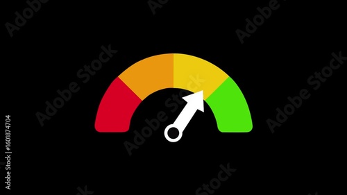 Speedometer indicating a high level or danger zone, represented by the red section 3d animation with alpha channel.Colorful rating meter scale from bad to good ,Indicating Assessment or Measurement Le