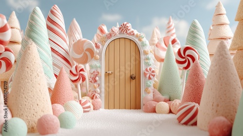 A whimsical candy land scene with pastel trees, lollipops, and a wooden door, set against a blue sky, evoking a fantasy world of sweets.