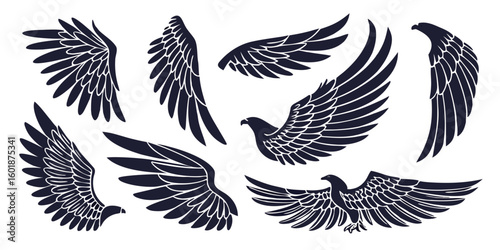 Elegant vector wings set with bird and eagle silhouettes for design and tattoo illustration, symbolizing freedom and flight