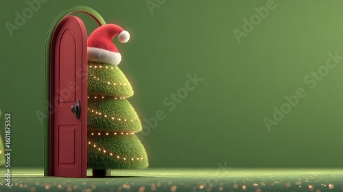 A Christmas tree with lights and a Santa hat peeks through an open red door against a green background, creating a festive holiday scene.