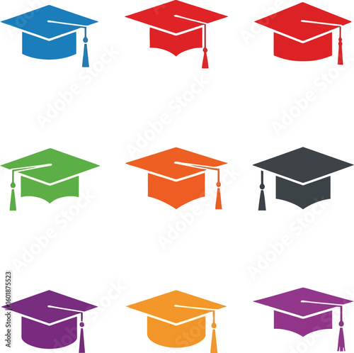 A set of nine colorful graduation caps arranged in a grid pattern on a white background